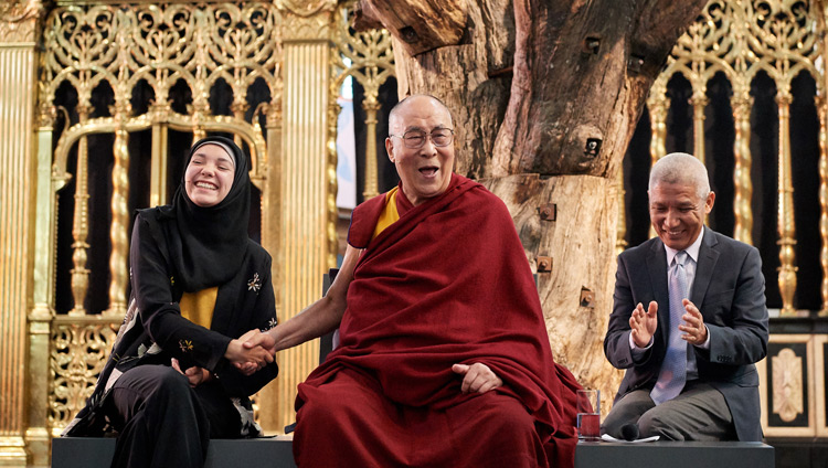 His Holiness the Dalai Lama responding to Selma Boulmalf's question during the discussion on ‘Sickness, Aging and Death’ at the Nieuwe Kerk in Amsterdam, Netherlands on September 15, 2018. Photo by Olivier Adam