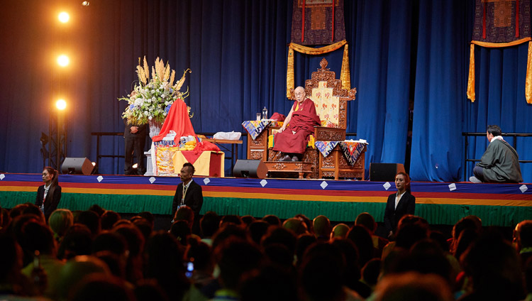 His Holiness the Dalai Lama addressing more than 5,000 members of the Tibetan community from the Netherlands, Belgium, Britain, Spain and Austria gathered at the Ahoy convention centre in Rotterdam, Netherlands on September 16, 2018. Photo by Olivier Adams