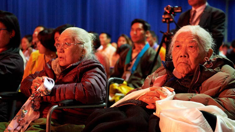 Elderly members of the Tibetan community listening to His Holiness the Dalai Lama during their meeting at the Ahoy convention centre in Rotterdam, Netherlands on September 16, 2018. Photo by Olivier Adams