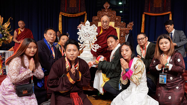 The Tibetan Community in the Netherlands presenting His Holiness the Dalai Lama with elaborate silver Dharma Wheel as token of gratitude at the conclusion of his meeting with Tibetans at the Ahoy convention centre in Rotterdam, Netherlands on September 16, 2018. Photo by Olivier Adams