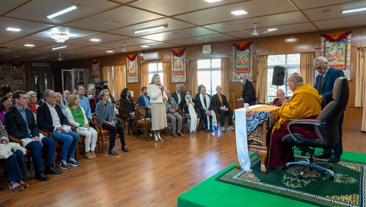 Sofia Stril-Rever delivering her opening remarks during the meeting with His Holiness the Dalai Lama and a group of European peace campaigners at his residence in Dharamsala, HP, India on November 8, 2023. Photo by Tenzin Choejor