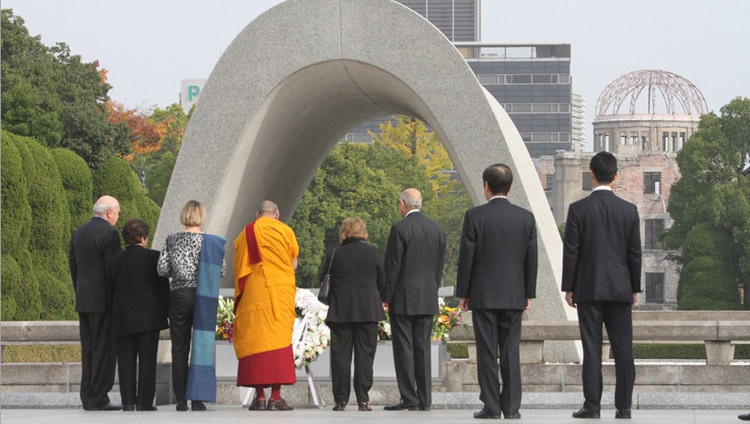 His Holiness the Dalai Lama along with fellow Nobel Laureates paying respect at the Hiroshima Peace Memorial in Hiroshima, Japan on November 14th, 2010. Photo/Taikan Usui