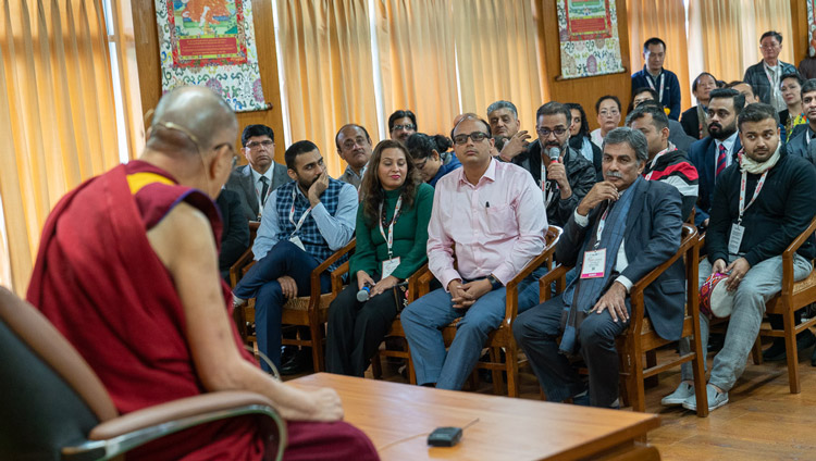 A member of the audience asking His Holiness the Dalai Lama a question during his meeting with delegates to the Rising Himachal Global Investors' Meet at his residence in Dharamsala, HP, India on November 8, 2019. Photo by Tenzin Choejor