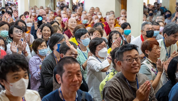 Members of the audience sitting inside the Main Tibetan Temple on the second day of teachings requested by Taiwanese in Dharamsala, HP, India on October 3, 2023. Photo by Tenzin Choejor