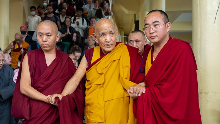 Gaden Tri Rinpoche leaving the Main Tibetan Temple at the end of the second day of teachings requested by Taiwanese in Dharamsala, HP, India on October 3, 2023. Photo by Tenzin Choejor