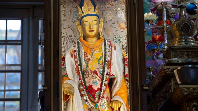 The sandalwood statue of Avalokiteshvara known as the Kyirong Jowo on display during the Mani Dhungdrub at the Main Tibetan Temple in Dharamsala, HP, India on May 11, 2024. Photo by Tenzin Choejor