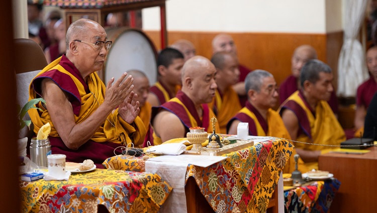 His Holiness the Dalai Lama taking part in mani recitation during the Main Dhungdrub at the Main Tibetan Temple in Dharamsala, HP, India on May 11, 2024. Photo by Ven Zamling Norbu