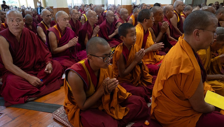 Monks inside the Main Tibetan Temple taking part in the Mani Dhungdrub attended by His Holiness the Dalai Lama at the Main Tibetan Temple in Dharamsala, HP, India on May 11, 2024. Photo by Tenzin Choejor