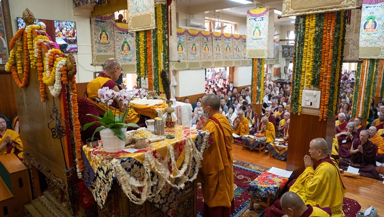 A view inside the Main Tibetan Temple as His Holiness the Dalai Lama gives the Mahakala permission in Dharamsala, HP, India on May 18, 2024. Photo by Tenzin Choejor