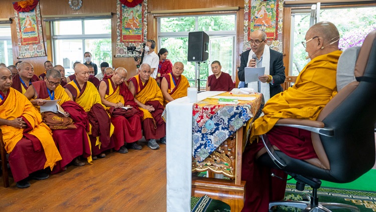 Executive Director of the Emory Compassion Center, Geshé Lobsang Tenzin Negi, introducing the program at the start of the meeting with His Holiness the Dalai Lama and participants in a conference about the impact of Contemplative studies at His Holiness's residence in Dharamsala, HP, India on May 24, 2024. Photo by Tenzin Choejor