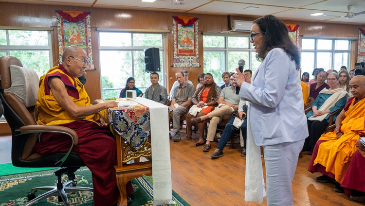 Barbara Krauthamer, Dean of Emory College of Arts and Sciences, thanking His Holiness the Dalai Lama for his vision and kindness during the meeting with participants of the conference about the impact of Contemplative studies, co-organized by Emory University and The Dalai Lama Trust, at his residence in Dharamsala, HP, India on May 24, 2024. Photo by Tenzin Choejor