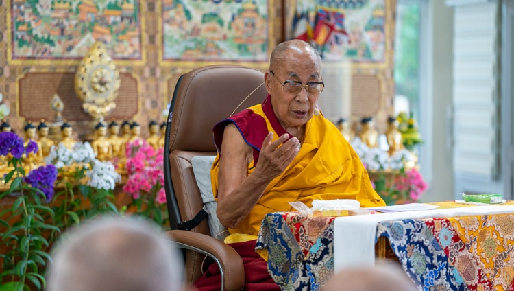 His Holiness the Dalai Lama addressing participants in a conference about the impact of Contemplative studies at his residence in Dharamsala, HP, India on May 24, 2024. Photo by Tenzin Choejor