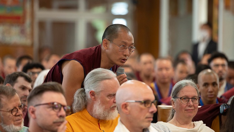 A monk from the ETSI program asking His Holiness the Dalai Lama a question during the meeing with participants in a conference about the impact of Contemplative studies at his residence in Dharamsala, HP, India on May 24, 2024. Photo by Ven Zamling Norbu