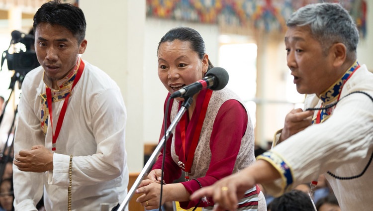 Members of the Introduction to Buddhism Course, adult women and men, engaging in a demonstration of their debating skills on the second day of His Holiness the Dalai Lama's teachings for young Tibetans at the Main Tibetan Temple in Dharamsala, HP, India on June 4, 2024. Photo by Tenzin Choejor