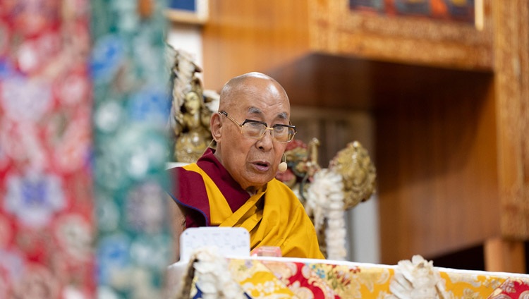 His Holiness the Dalai Lama addressing the gathering on the second day of teachings for young Tibetans at the Main Tibetan Temple in Dharamsala, HP, India on June 4, 2024. Photo by Tenzin Choejor