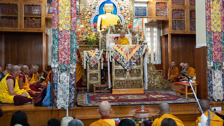 His Holiness the Dalai Lama commenting on the text 'Key to the Middle Way' on the second day of teachings for young Tibetans at the Main Tibetan Temple in Dharamsala, HP, India on June 4, 2024. Photo by Tenzin Choejor