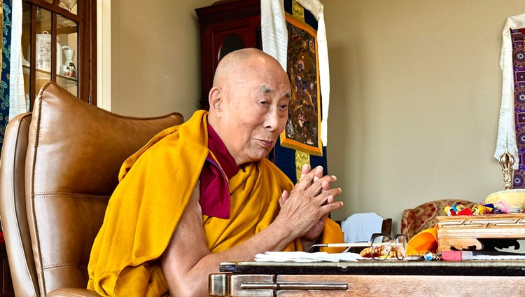 His Holiness the Dalai Lama taking part in the Monthly Feast Offering to the Dharma Protectress Palden Lhamo on the first day of each lunar month in Upstate New York, USA, on August 5, 2024.