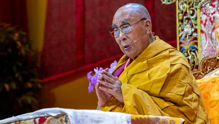 His Holiness the Dalai Lama addressing the congregation at the Hallenstadion in Zurich, Switzerland on August 25, 2024. Photo by Manuel Bauer