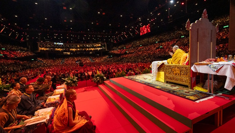 A view from the stage at the Hallenstadion in Zurich, Switzerland as His Holiness the Dalai Lama addresses the capacity crowd of 15,000 during Long Life Prayers offered to him by the Tibetan Community in Switzerland and Liechtenstein on August 25, 2024. Photo by Manuel Bauer