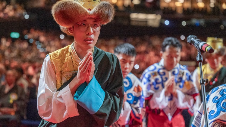 Young Tibetan performers singing auspicious lines to conclude the Long Life Prayer Offering for His Holiness the Dalai Lama at the Hallenstadion in Zurich, Switzerland on August 25, 2024. Photo by Manuel Bauer