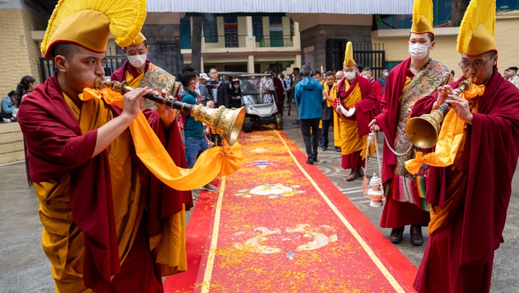 His Holiness the Dalai Lama arriving by golf cart at the Main Tibetan Temple courtyard on his way to participate in a Long Life Prayer offered by the Mönpa Community of Arunachal Pradesh in Dharamsala, HP, India on September 7, 2024. Photo by Tenzin Choejor