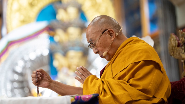 His Holiness the Dalai Lama giving the oral transmission of the six-syllable mantra of Avalokiteshvara, Om mani padme hung, during the teaching for South-east Asian Buddhists at the Main Tibetan Temple in Dharamsala, HP, India on September 12, 2024. Photo by Tenzin Choejor