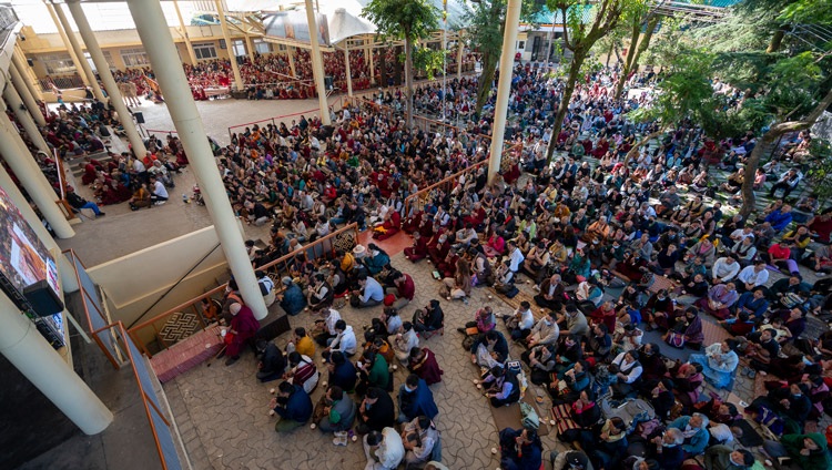 A view of crowd sitting in the courtyard attending His Holiness the Dalai Lama's teaching at the Main Tibetan Temple in Dharamsala, HP, India on September 30, 2024. Photo by Ven Zamling Norbu