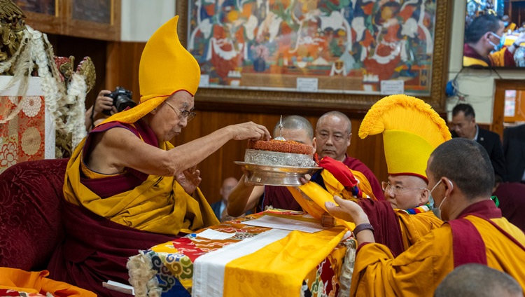 Changkya Rinpoché offered a mandala to His Holiness the Dalai Lama during the Long Life Prayer at the Main Tibetan Temple in Dharamsala, HP, India on October 1, 2024. Photo by Tenzin Choejor