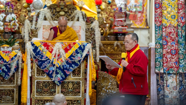 Hu Mao Hua Ming, President of the International Association of Tibetan Buddhism of Taiwan (IATBT) making fervent requests to His Holiness the Dalai Lama during the Long Life Prayer at the Main Tibetan Temple in Dharamsala, HP, India on October 1, 2024. Photo by Tenzin Choejor