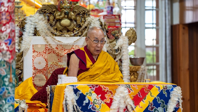 His Holiness the Dalai Lama addressing the congregation during the Long Life Prayer at the Main Tibetan Temple in Dharamsala, HP, India on October 1, 2024. Photo by Tenzin Choejor