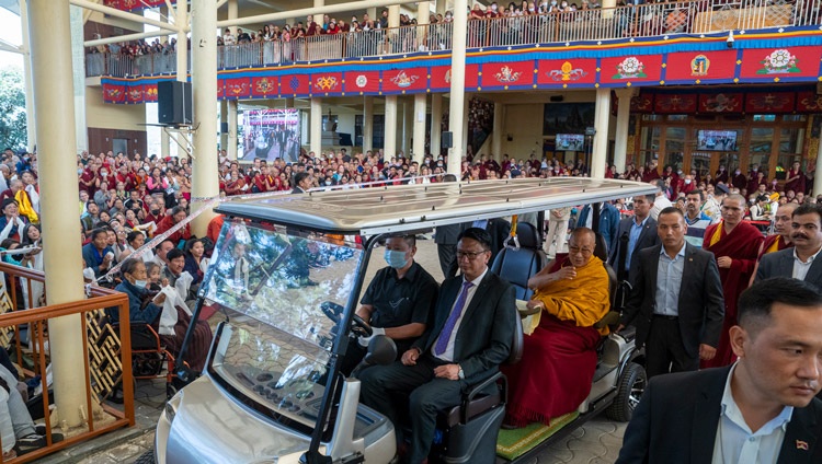 His Holiness the Dalai Lama waving to the crowd as he returns to his residence after attending a Long Life Prayer at the Main Tibetan Temple in Dharamsala, HP, India on October 1, 2024. Photo by Tenzin Choejor