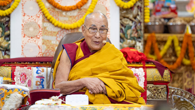 His Holiness the Dalai Lama addressing the congregation during the Long Life Prayer offered by the people of Kinnaur at the Main Tibetan Temple in Dharamsala, HP, India on December 6, 2024. Photo by Tenzin Choejor