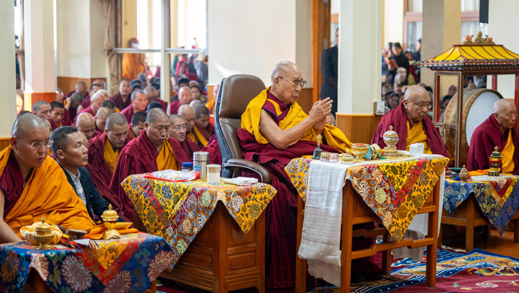 Ling Rinpoché, His Holiness the Dalai Lama, the Abbot of Namgyal Monastery and the former Abbot of Sera-mé Monastery joining in prayers on the occasion of the anniversary Jé Tsongkhapa’s passing away at the Main Tibetan Temple in Dharamsala, HP, India on December 25, 2024. Photo by Tenzin Choejor