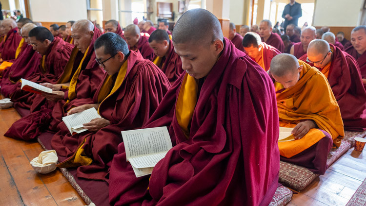 Monks reciting prayers on the occasion of the anniversary Jé Tsongkhapa’s passing away at the Main Tibetan Temple in Dharamsala, HP, India on December 25, 2024. Photo by Tenzin Choejor