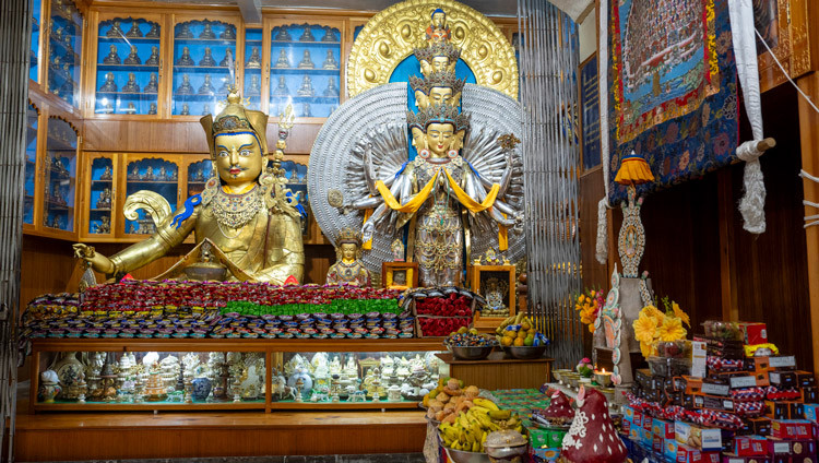 Offerings laid out inside the the Main Tibetan Temple during prayers on the occasion of the anniversary Jé Tsongkhapa’s passing away at the Main Tibetan Temple in Dharamsala, HP, India on December 25, 2024. Photo by Tenzin Choejor