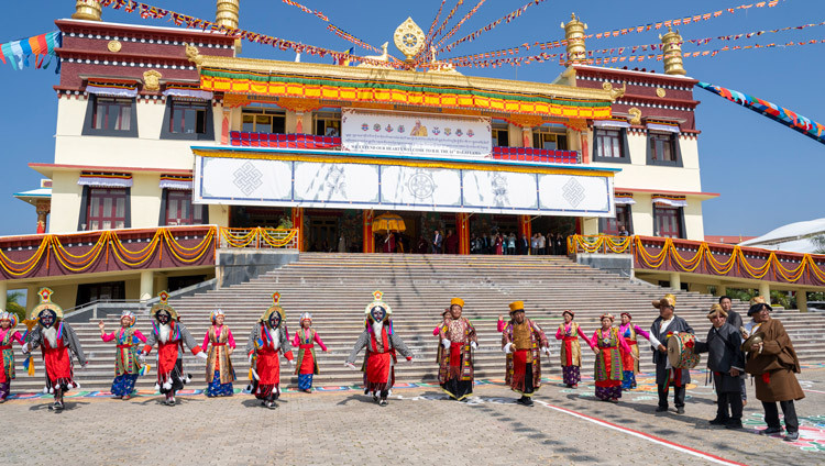 Members of the Bylakuppe Opera Troupe dance and sing as His Holiness the Dalai Lama arrives at Tashi Lhunpo Monastery in Bylakuppe, Karnataka, India on January 5, 2025. Photo by Tenzin Choejor