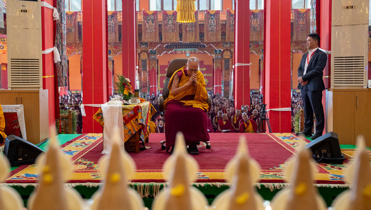 His Holiness the Dalai Lama leading prayers for victims of the recent devastating earthquake in Tibet at Tashi Lhunpo Monastery in Bylakuppe, Karnataka, India on January 9, 2025. Photo by Tenzin Choejor