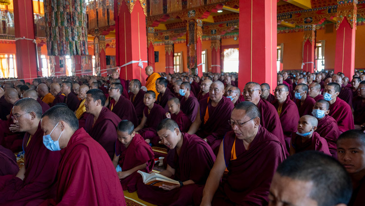 Members of the congregation inside the Main Assembly Hall of Tashi Lhunpo Monastery reciting prayers for victims of the recent devastating earthquake led by His Holiness the Dalai Lama in Bylakuppe, Karnataka, India on January 9, 2025. Photo by Tenzin Choejor