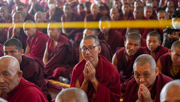 Monks in the audience listening to His Holiness the Dalai Lama speaking during prayers for victims of the recent earthquake in Tibet at Tashi Lhunpo Monastery in Bylakuppe, Karnataka, India on January 9, 2025. Photo by Tenzin Choejor