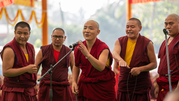 Monks posing questions during the debates at the debate courtyard at Tashi Lhunpo Monastery in Bylakuppe, Karnataka, India on January 18, 2025. Photo by Tenzin Choejor