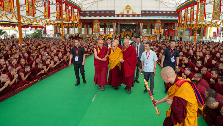 His Holiness the Dalai Lama departing from the debate courtyard of Tashi Lhunpo Monastery after attending a debate session in Bylakuppe, Karnataka, India on January 18, 2025. Photo by Tenzin Choejor