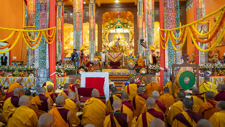 A view inside the temple during the Long Life Prayer for His Holiness the Dalai Lama at Tashi Lhunpo Monastery in Bylakuppe, Karnataka, India on February 12, 2025. Photo by Tenzin Choejor