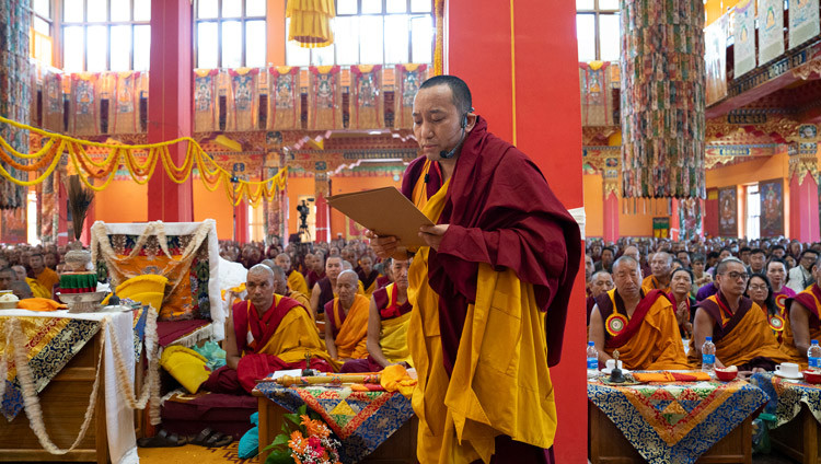 A senior monk reading a tribute to His Holiness the Dalai Lama during the Long Life Prayer Offering at Tashi Lhunpo Monastery in Bylakuppe, Karnataka, India on February 12, 2025. Photo by Tenzin Choejor