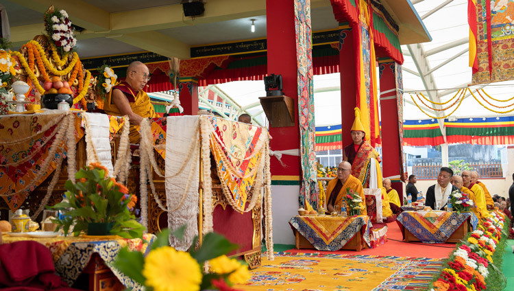 His Holiness the Dalai Lama addressing the congregtion during the Long Life Empowerment at Tashi Lhunpo Monastery in Bylakuppe, Karnataka, India on February 13, 2025. Photo by Tenzin Choejor