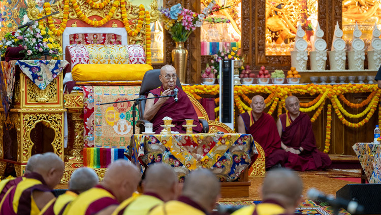 His Holiness the Dalai Lama addressing the congregation during the welcome ceremony at Gyumé Tantric College in Hunsur, Karnataka, India on February 16, 2025. Photo by Tenzin Choejor