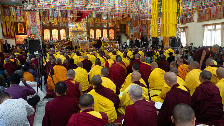 A view from the back of the Main Assembly Hall during the Long Life Prayers for His Holiness the Dalai Lama at Gyudmed Tantric University in Hunsur, Karnataka, India on February 17, 2025. Photo by Tenzin Choejor