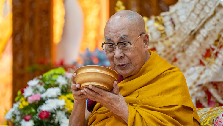 His Holiness the Dalai Lama enjoying some tea during the Long Life Prayers at Gyudmed Tantric University in Hunsur, Karnataka, India on February 17, 2025. Photo by Tenzin Choejor