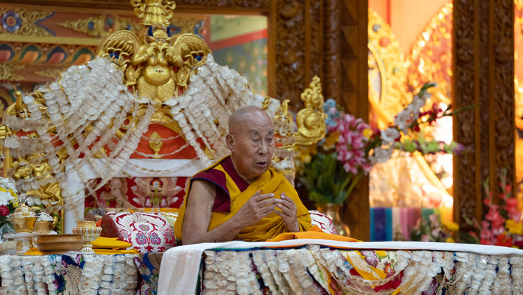 His Holiness the Dalai Lama addressing the congregations during the Long Life Prayers at Gyudmed Tantric University in Hunsur, Karnataka, India on February 17, 2025. Photo by Tenzin Choejor