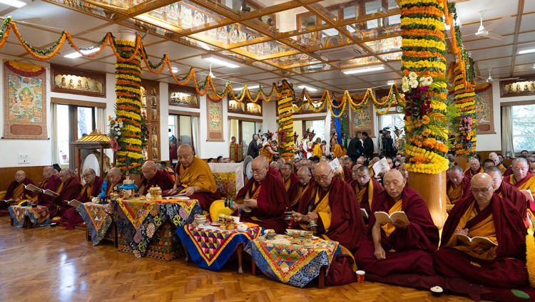 The Abbot of Namgyal Monastery, Thamthog Rinpoché, presiding over the Long Life Prayer for His Holiness the Dalai Lama at the Old Palace at His Holiness's residence in Dharamsala, HP, India on March 5, 2025. Photo by Tenzin Choejor