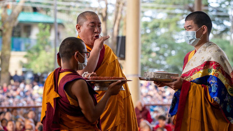 The Chant Master leading constructing a mandala offering on the Day of Miracles at the Main Tibetan Temple in Dharamsala, HP, India on March 14, 2025. Photo by Tenzin Choejor